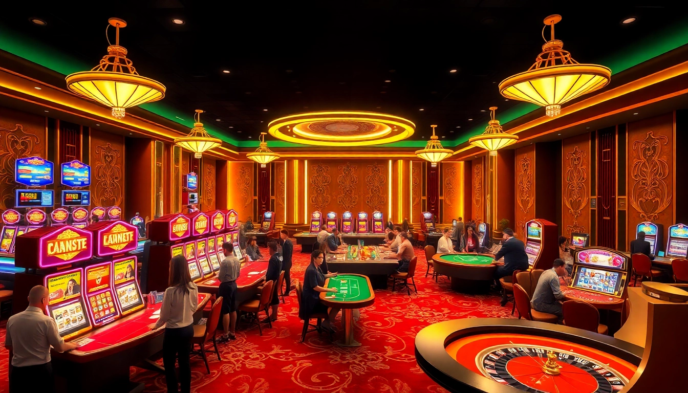 Explore the exciting environment of TRANG CHỦ RR88, a vibrant casino filled with gaming tables and slot machines, where players enjoy thrilling moments.