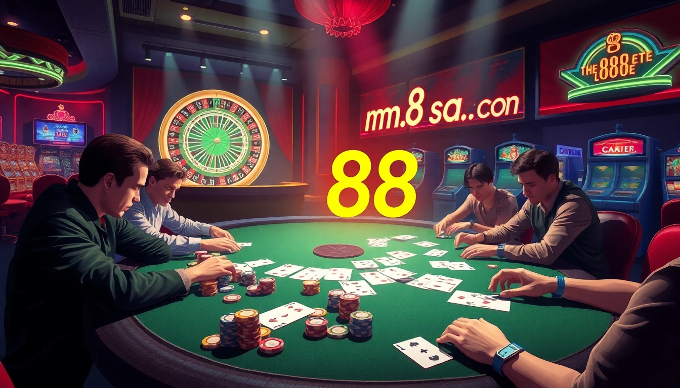 Experience high-stakes poker action at mm88 sa com, showcasing vibrant poker chips and focused players in an elegant casino setting.